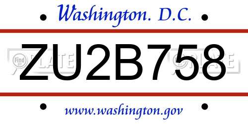 ZU2B758 District Of Columbia License Plate