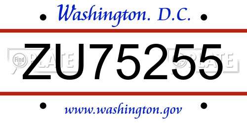 ZU75255 District Of Columbia License Plate
