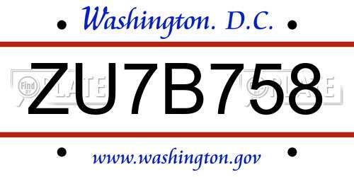 ZU7B758 District Of Columbia License Plate