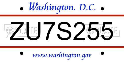 ZU7S255 District Of Columbia License Plate