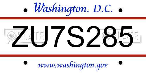 ZU7S285 District Of Columbia License Plate