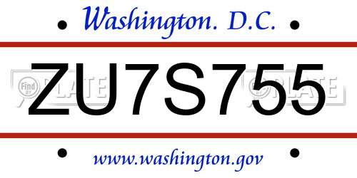 ZU7S755 District Of Columbia License Plate