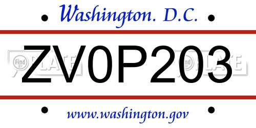 ZV0P203 District Of Columbia License Plate