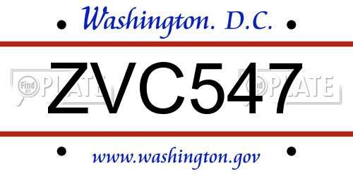 ZVC547 District Of Columbia License Plate