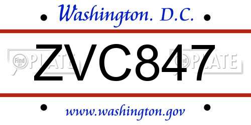 ZVC847 District Of Columbia License Plate