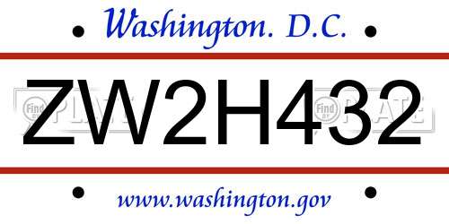 ZW2H432 District Of Columbia License Plate
