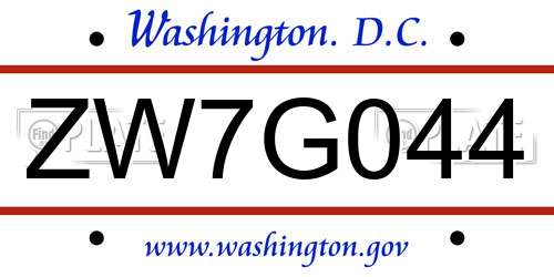 ZW7G044 District Of Columbia License Plate