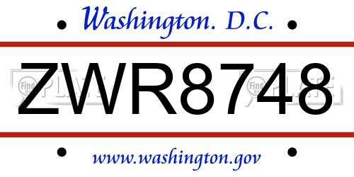 ZWR8748 District Of Columbia License Plate