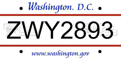 ZWY2893 District Of Columbia License Plate