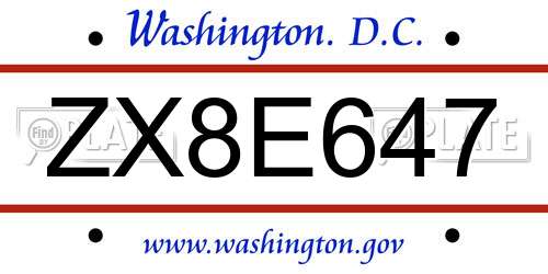 ZX8E647 District Of Columbia License Plate