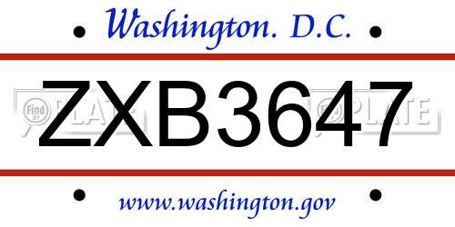 ZXB3647 District Of Columbia License Plate