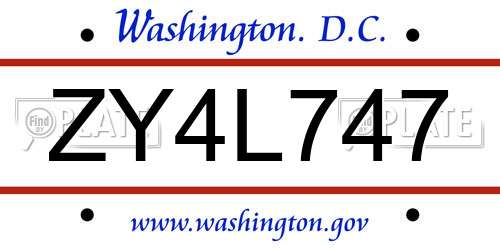 ZY4L747 District Of Columbia License Plate
