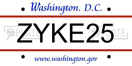 ZYKE25 District Of Columbia License Plate