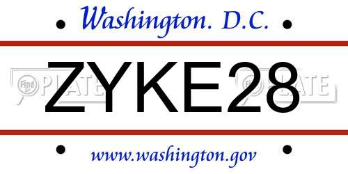 ZYKE28 District Of Columbia License Plate