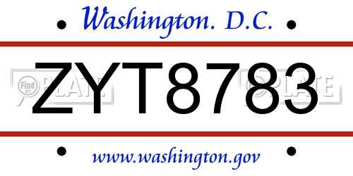 ZYT8783 District Of Columbia License Plate