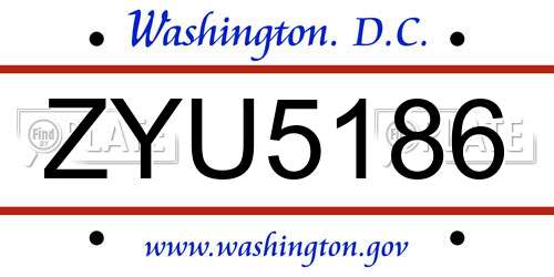 ZYU5186 District Of Columbia License Plate