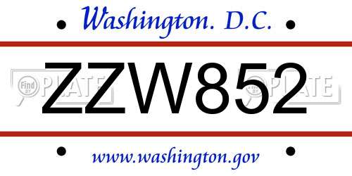 ZZW852 District Of Columbia License Plate