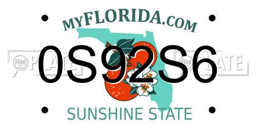 0S92S6 Florida License Plate