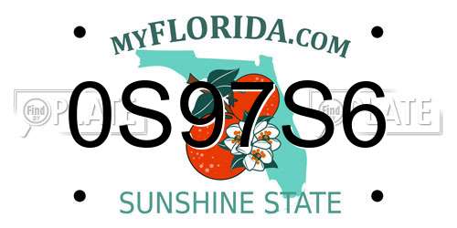 0S97S6 Florida License Plate