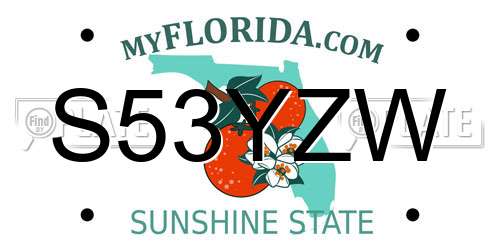 S53YZW Florida License Plate
