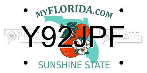 Y92JPF Florida License Plate