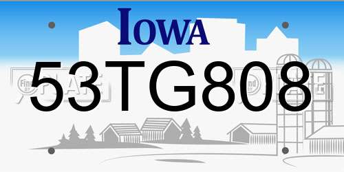 53TG808 Iowa License Plate