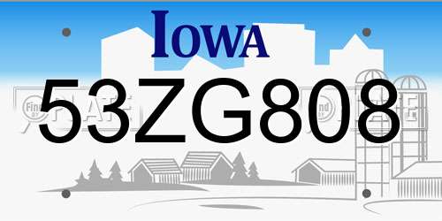 53ZG808 Iowa License Plate