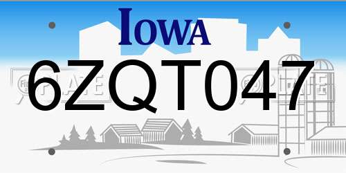 6ZQT047 Iowa License Plate