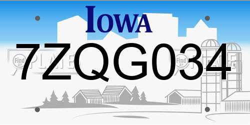 7ZQG034 Iowa License Plate