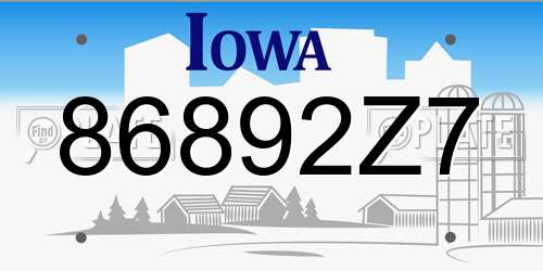 86892Z7 Iowa License Plate