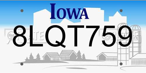 8LQT759 Iowa License Plate