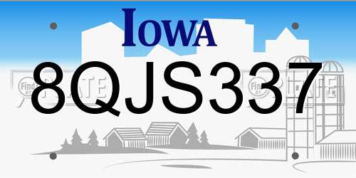 8QJS337 Iowa License Plate