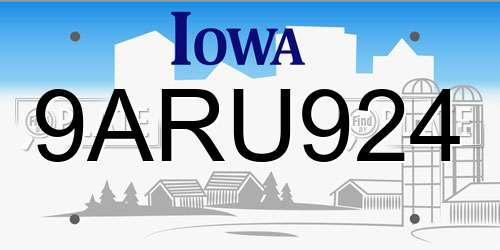 9ARU924 Iowa License Plate