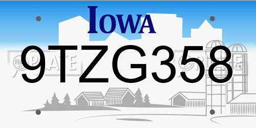9TZG358 Iowa License Plate