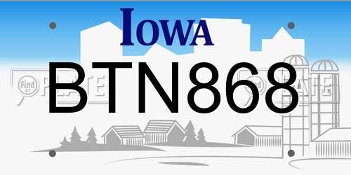 BTN868 Iowa License Plate