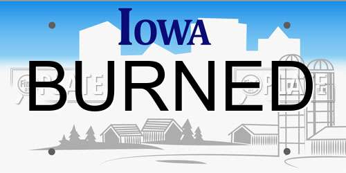 BURNED Iowa License Plate