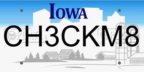 CH3CKM8 Iowa License Plate