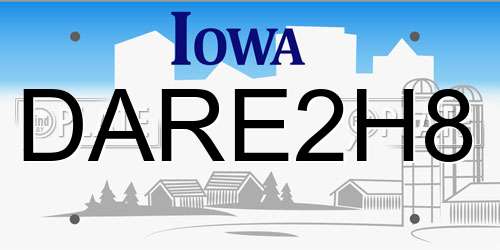 DARE2H8 Iowa License Plate