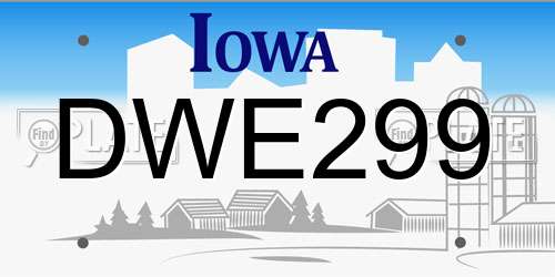 DWE299 Iowa License Plate