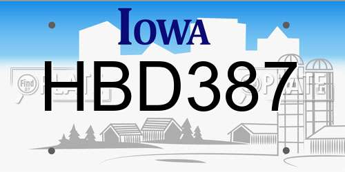 HBD387 Iowa License Plate
