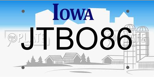 JTBO86 Iowa License Plate