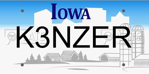 K3NZER Iowa License Plate