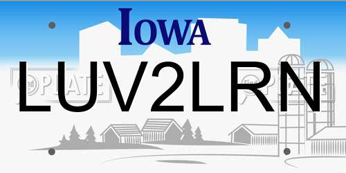 LUV2LRN Iowa License Plate