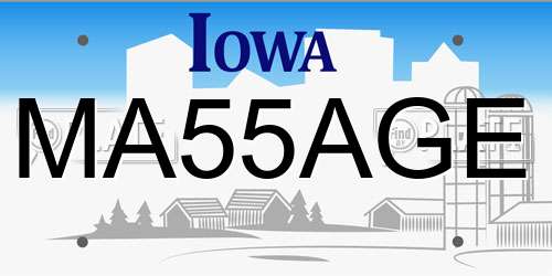 MA55AGE Iowa License Plate