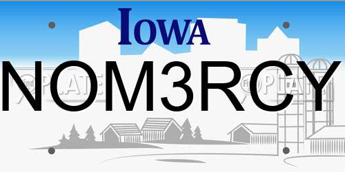 NOM3RCY Iowa License Plate