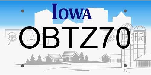 OBTZ70 Iowa License Plate
