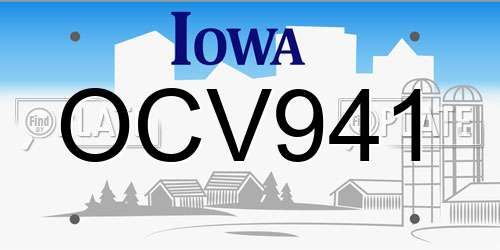OCV941 Iowa License Plate