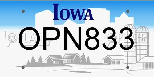OPN833 Iowa License Plate