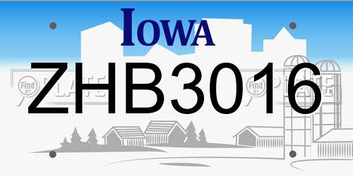 ZHB3016 Iowa License Plate