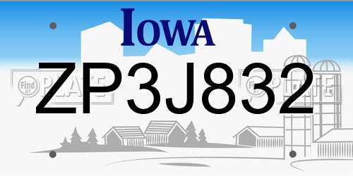ZP3J832 Iowa License Plate